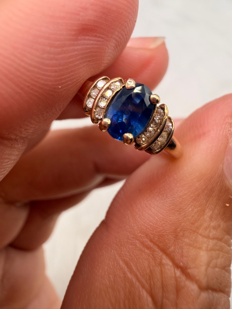 10k Yellow Gold .50 Ct Blue Sapphire & .10 Ctw Diamond Ring Size 4.75